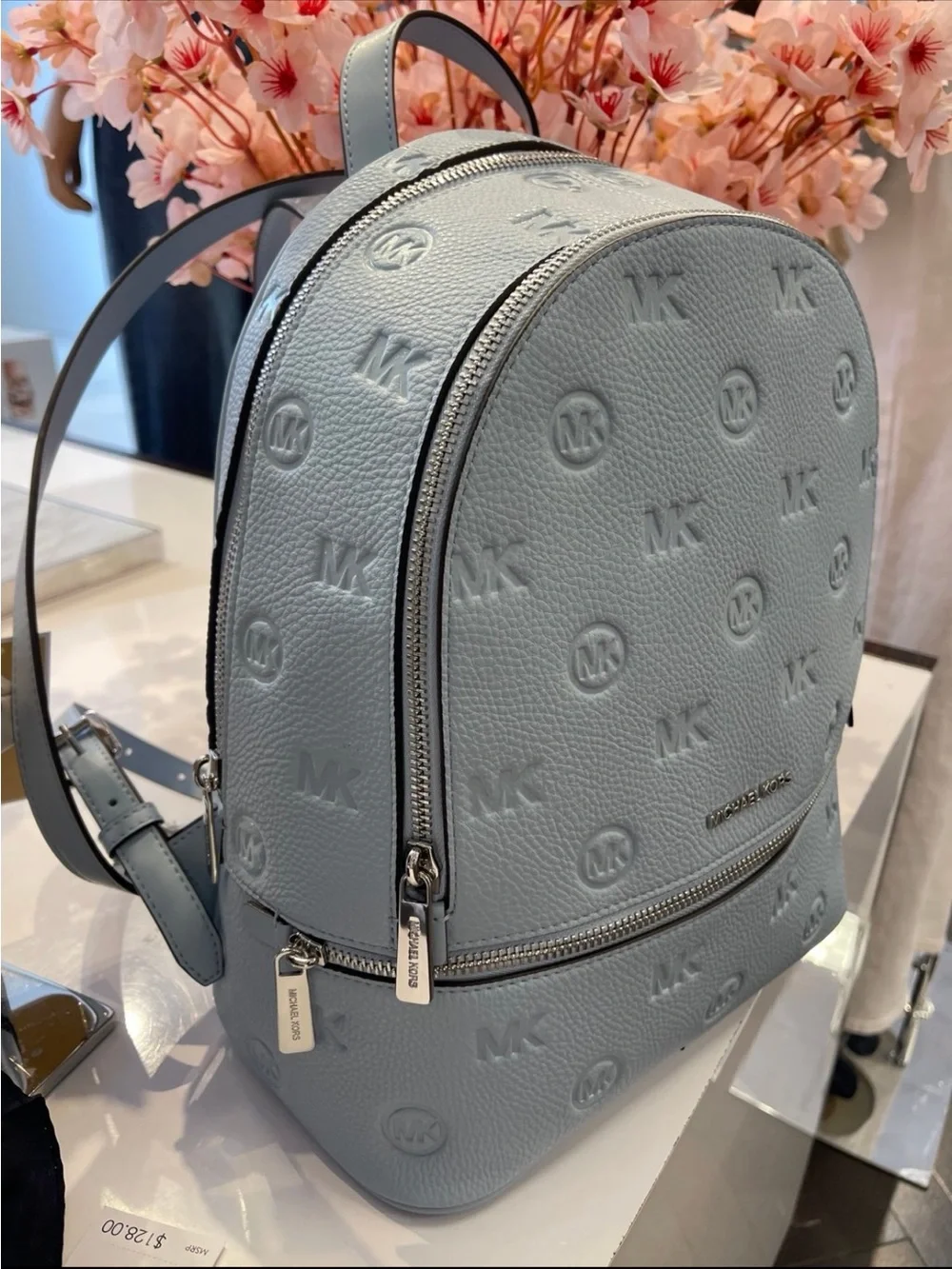 Michael Kors Rhea Medium Zip Logo Debossed Backpack Pale Ocean NWT